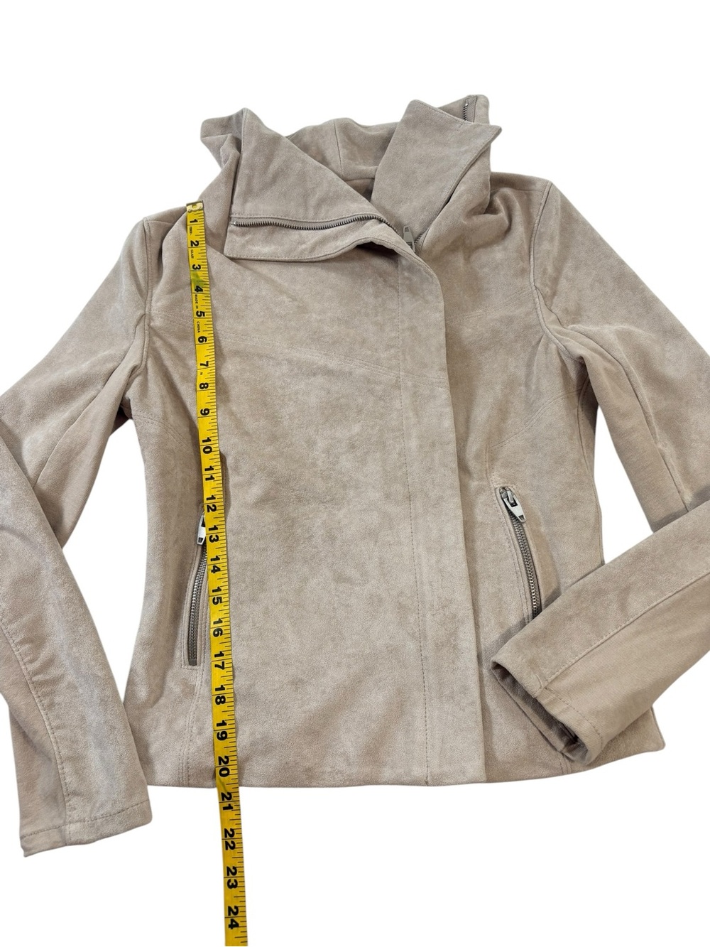 SL8 Beige Faux Suede Moto Jacket Size Small Asymmetrical Zip Draped Collar - Picture 8 of 14